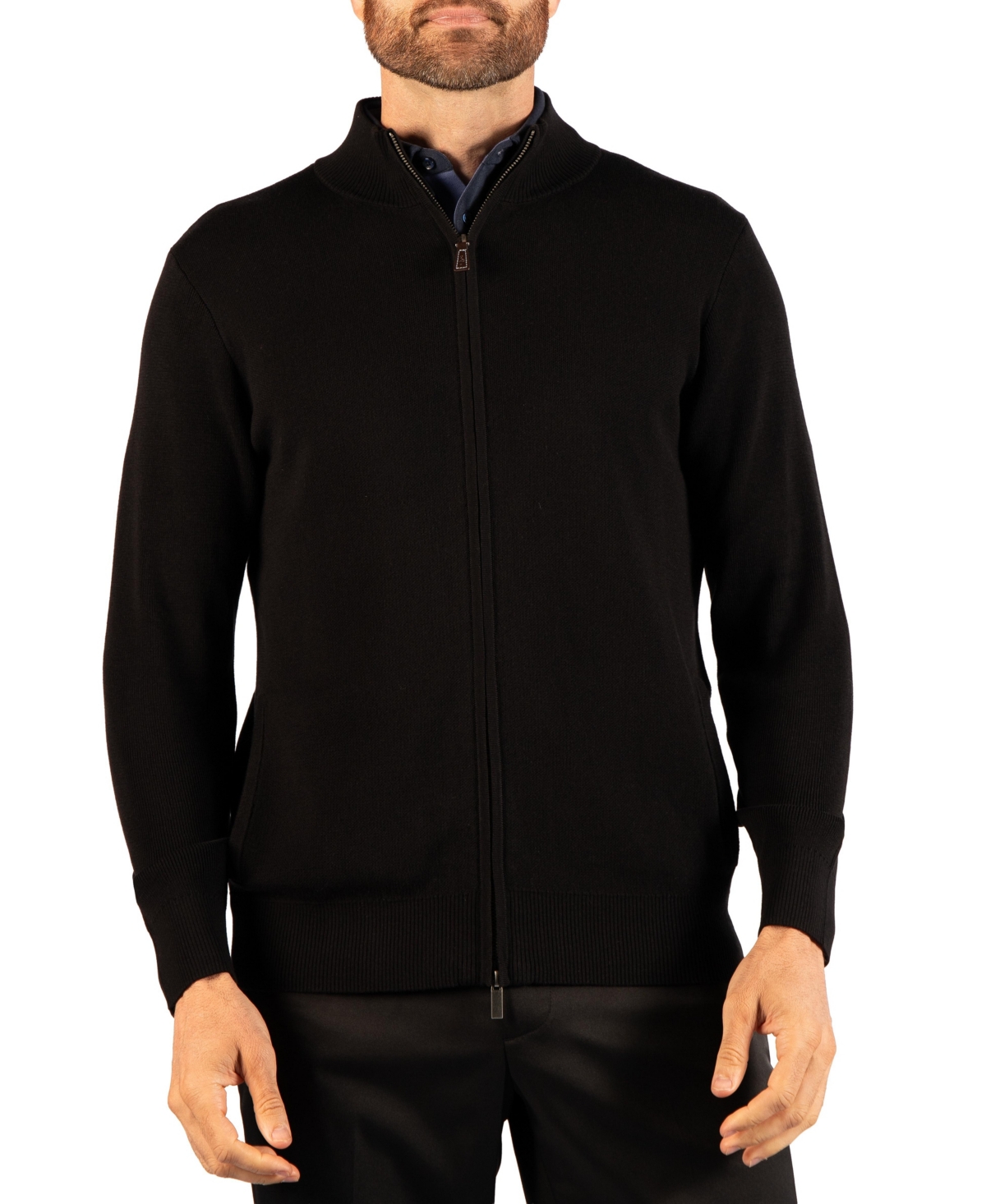 Tailorbyrd Men's Full Zip Stand Collar Midweight Fine Knit Sweater - Black