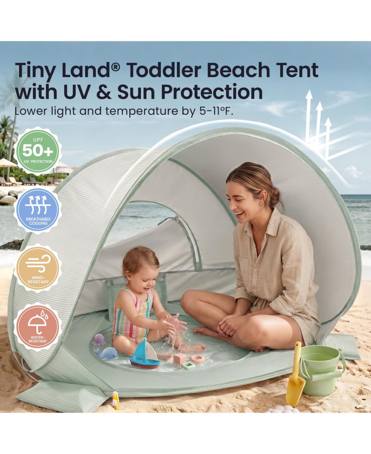 Детская пляжная палатка Tiny Land 3 в 1, раскладная, со встроенным бассейном, от 1 года, цвет: Зелёный — фото 2