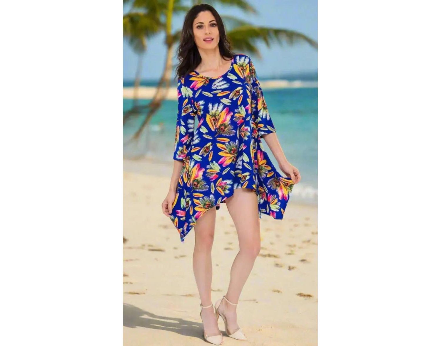 Women's Shark-Bite Asymmetrical Tropical Print Knit Resort Dress