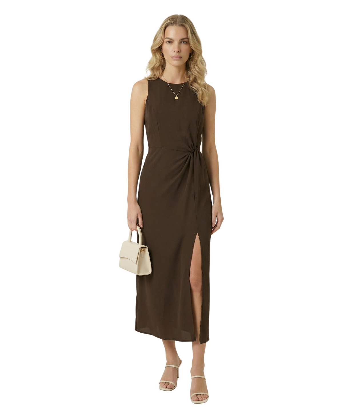 Modenaire Women's Sleeveless Twist-Detail Front-Slit Midi Dress - Brown