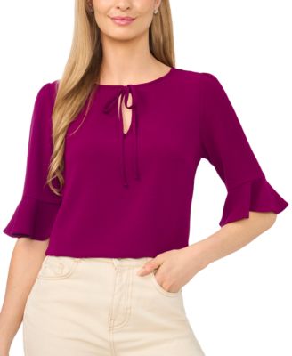Women's Split Tie Neck Ruffle Cuff 3/4-Sleeve Top