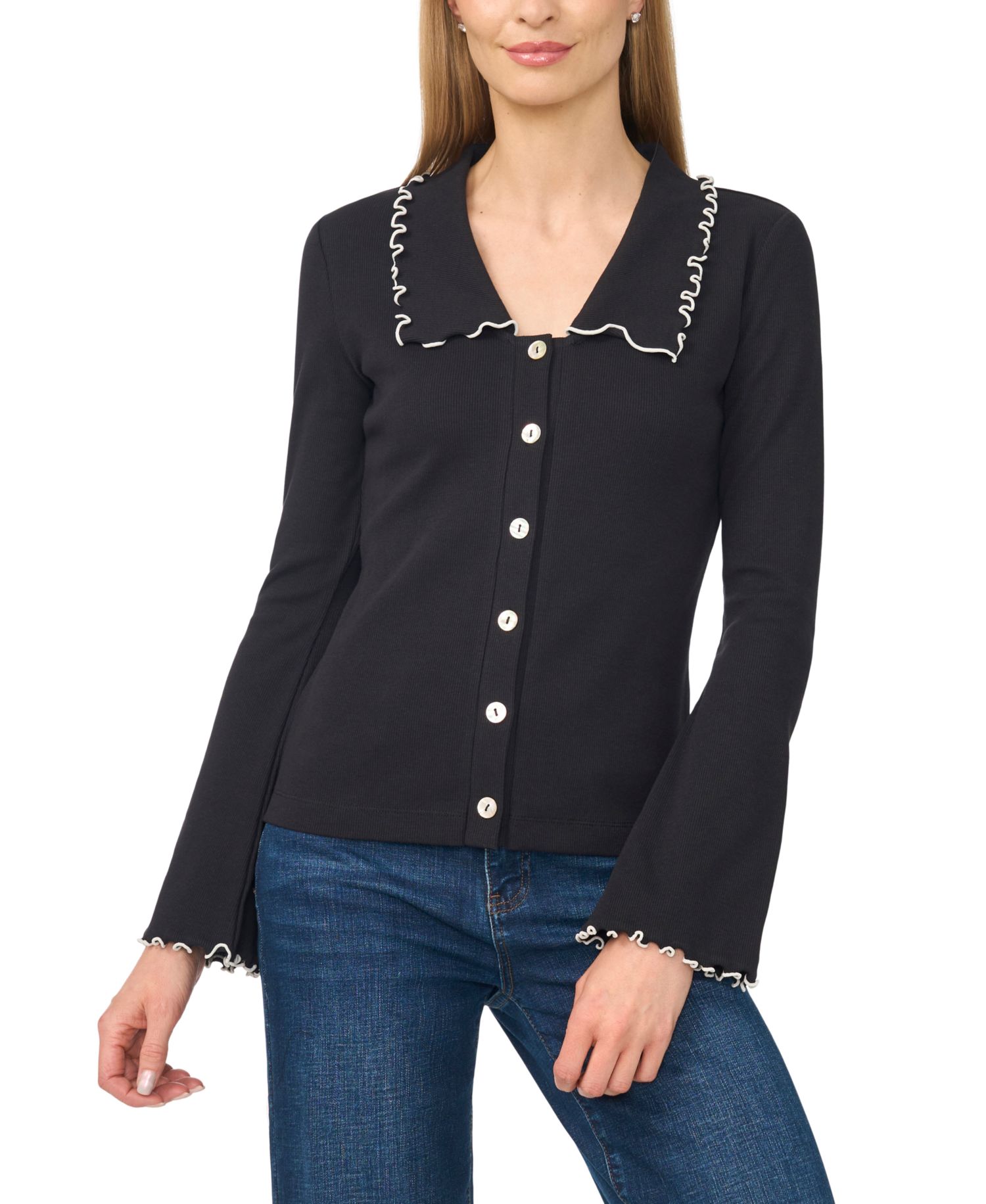 Women's Lettuce-Edge Bell Sleeve V-Neck Button-Down Blouse