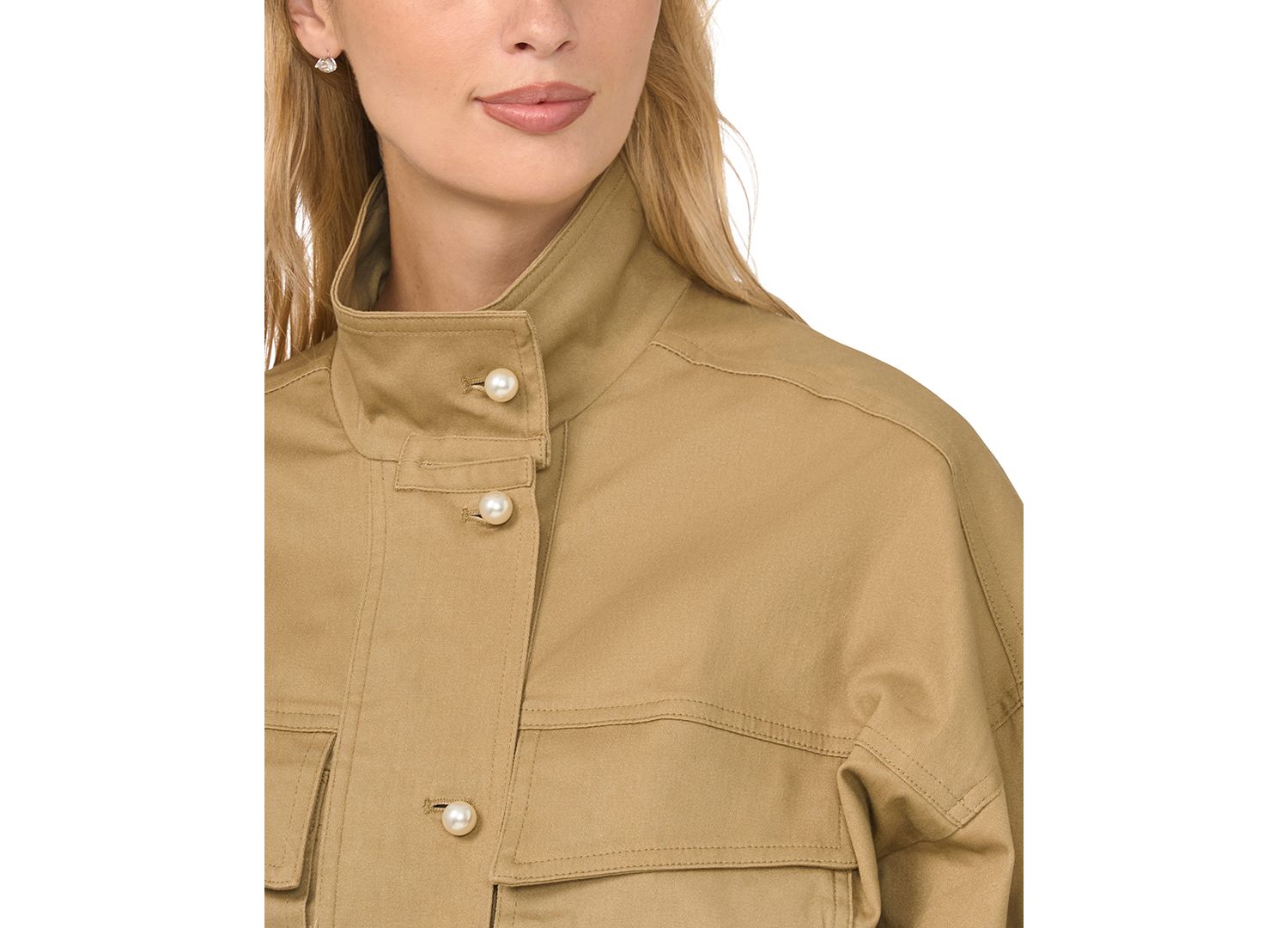 Women's Cargo Style Short Long-Sleeve Jacket with Imitation Pearl Details