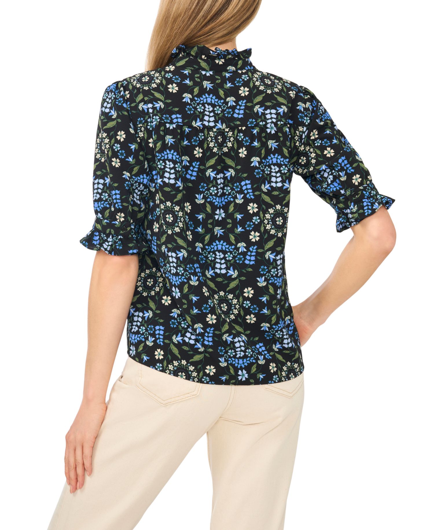 Women's V-Neck Floral Ruffle Button-Down Blouse