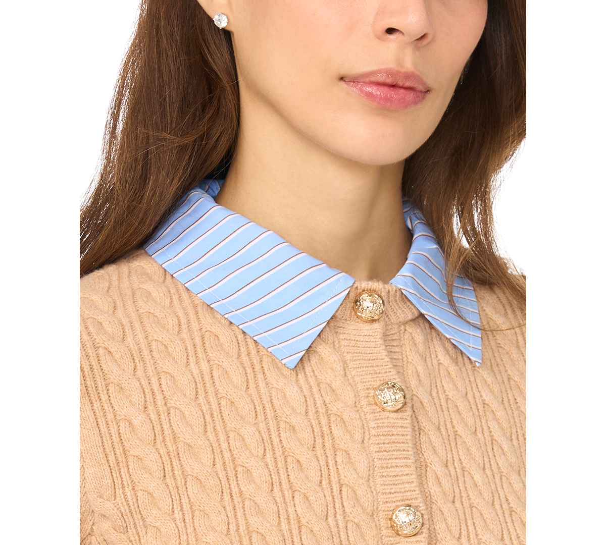 CeCe Women's Twofer Cable-Knit Collared Long-Sleeve Cardigan