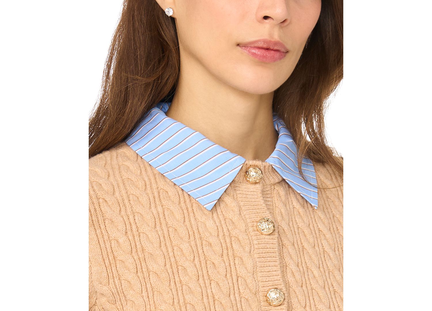 Women's Twofer Cable-Knit Collared Long-Sleeve Cardigan Sweater