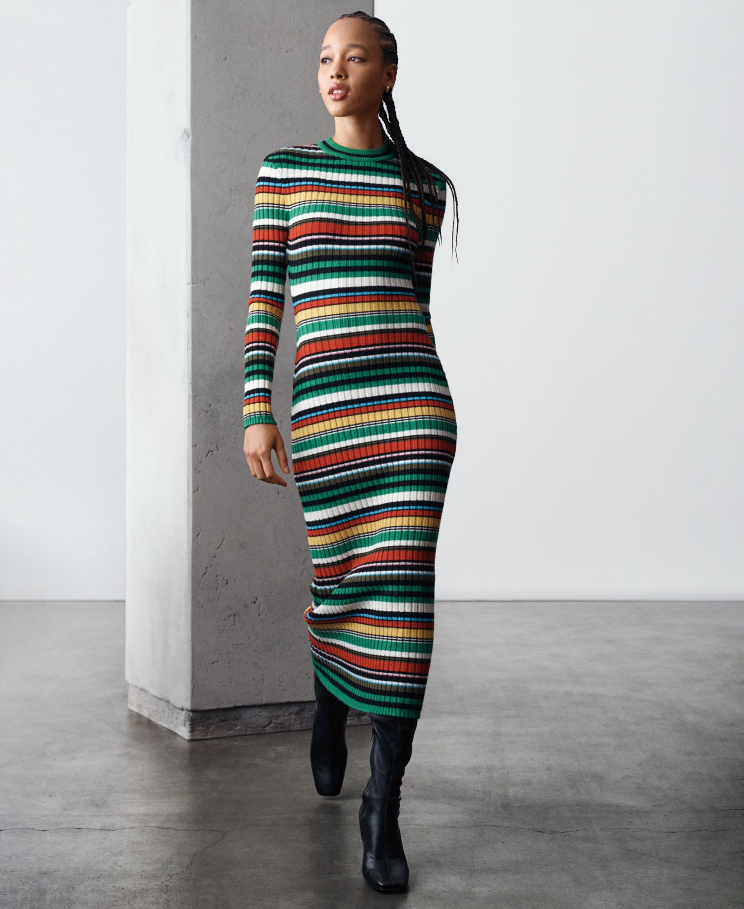 Women's Long-Sleeve Ribbed Striped Sweater Dress