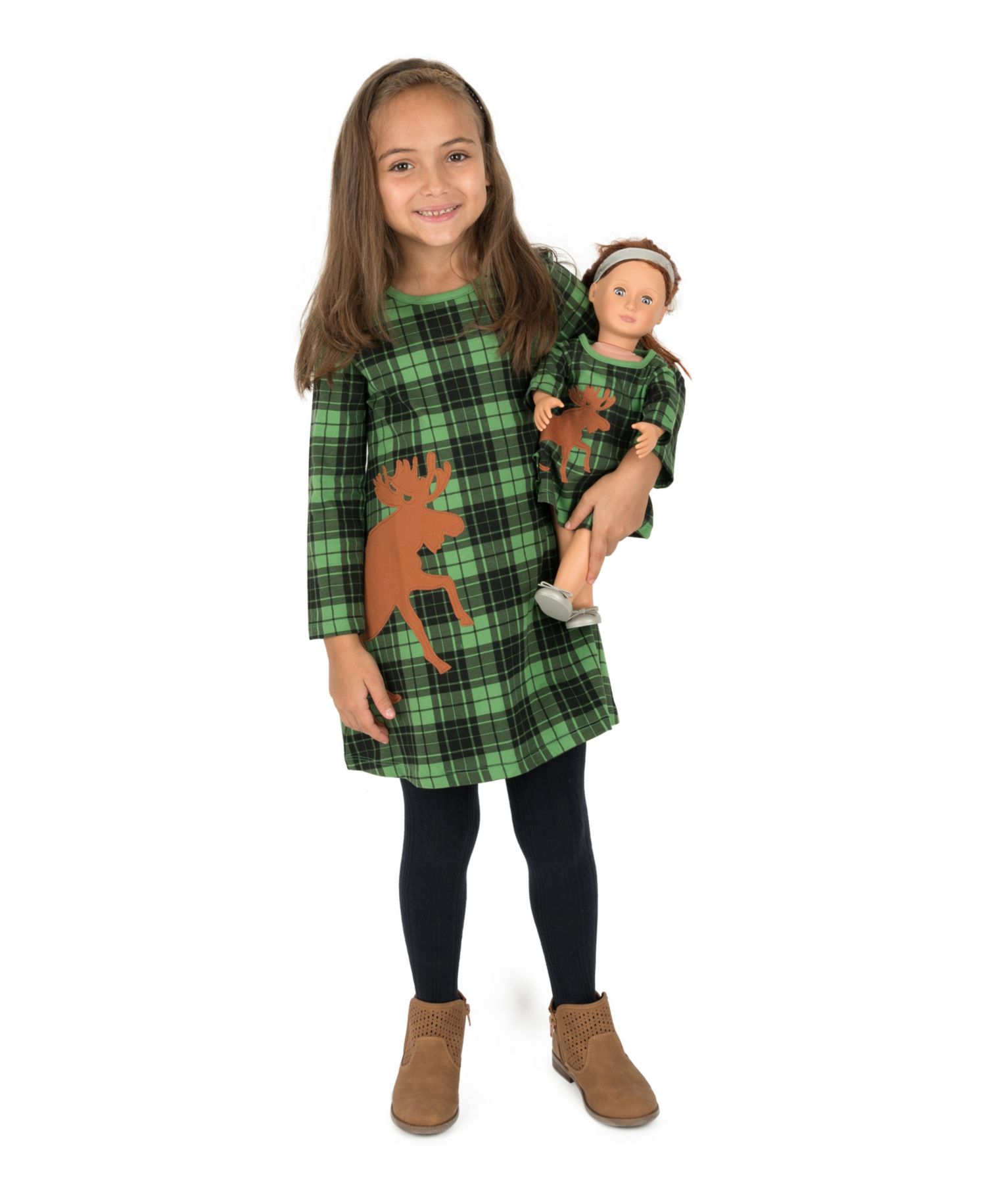 Girls' 4-16 Long-Sleeve A-Line Matching-Doll Girl and Doll Dress, 2-Piece Set