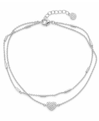 Double Row Clear Cubic Zirconia Heart Anklet in Silver Plate