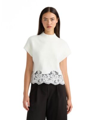 Women's Mock Neck Lace Hem Sleeveless Sweater