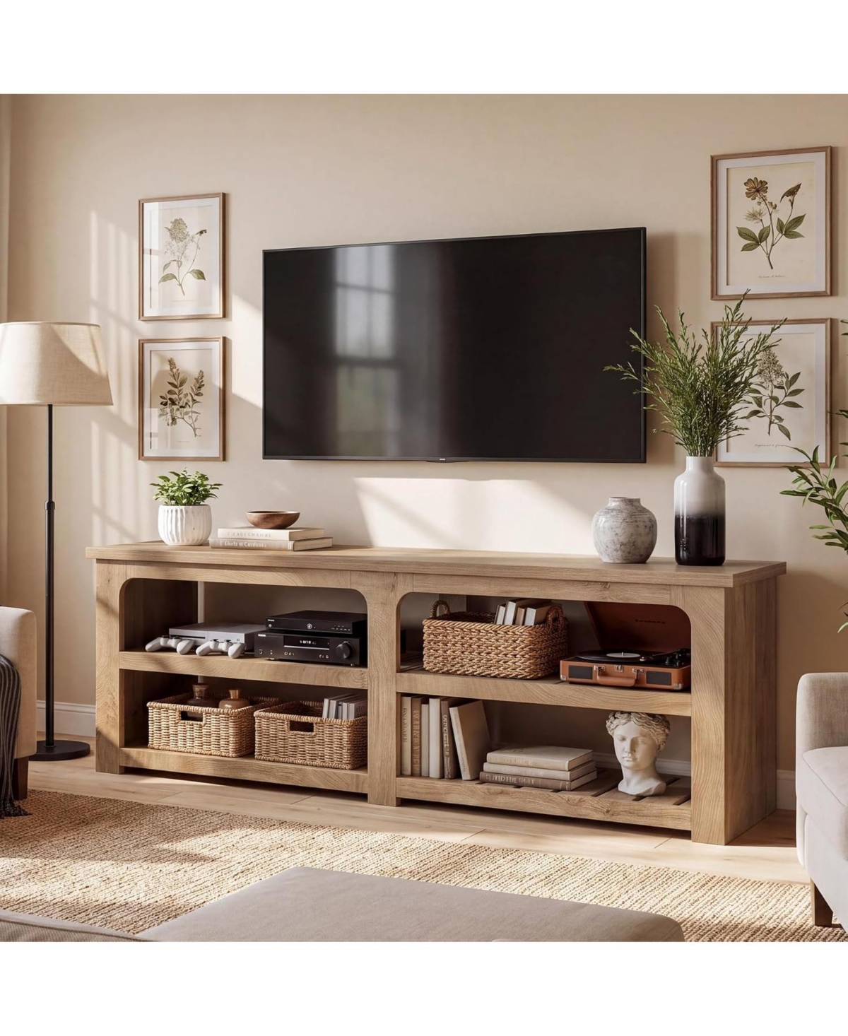 Tribesigns Farmhouse Fluted Tv Stand with Storage Shelves, Media Console