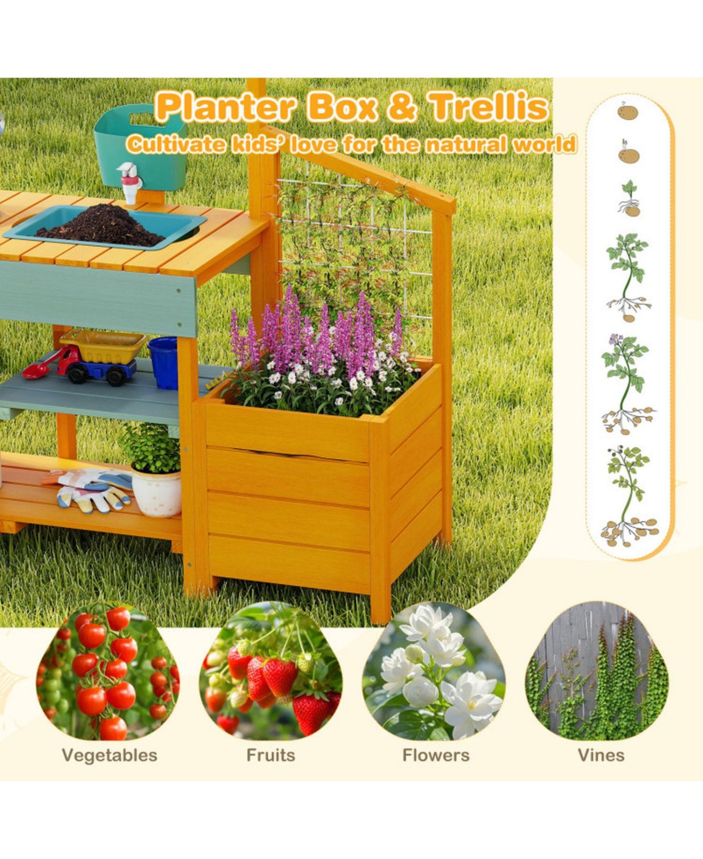 Игровой набор Sugift Mud Kitchen с ящиками для растений и съёмной раковиной, от 3 до 8 лет, цвет: Жёлтый — фото 8