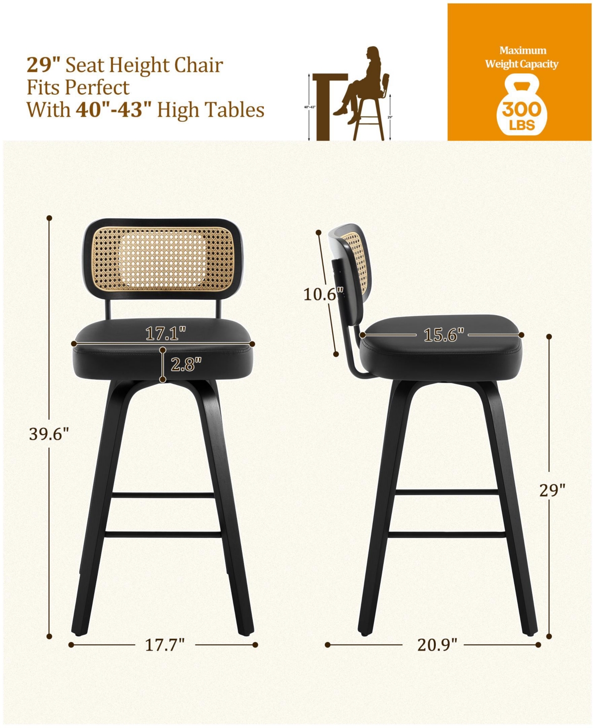 Bekrvio 29" Mid-Century Swivel Bar Height Bar Stools, Rattan Back and Faux Leather Kitchen Stools