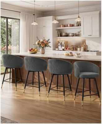26" Swivel Counter Height Bar Stools, Upholstered Barrel Back Kitchen Island Stools