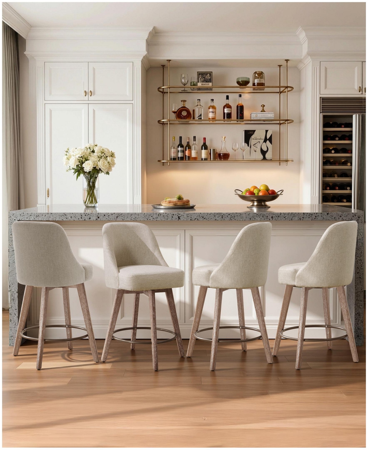 Bekrvio 26" Mid-Century Swivel Counter Height Bar Stools, Upholstered Linen and Pu Leather Kitchen Stools