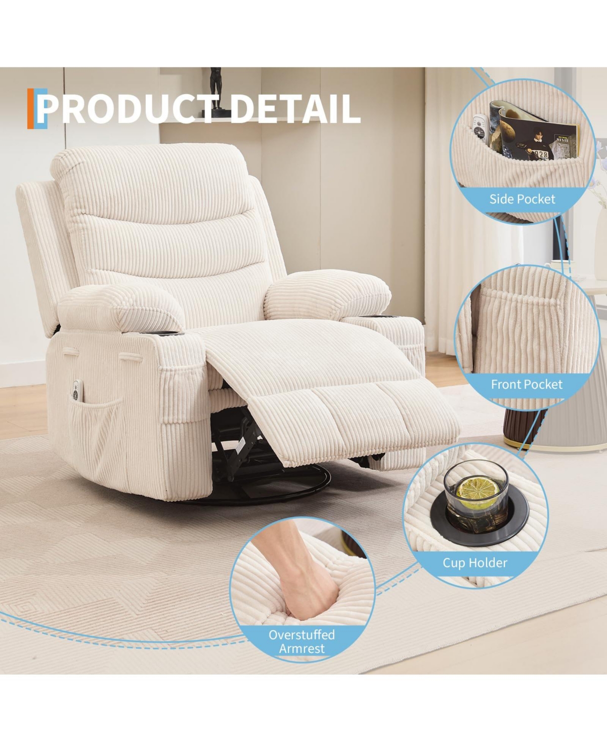 Oversized 360 Degree Swivel Glider Rocker Recliner Chair With Massage and Heating Features, Idea For Living Room, Bedroom
