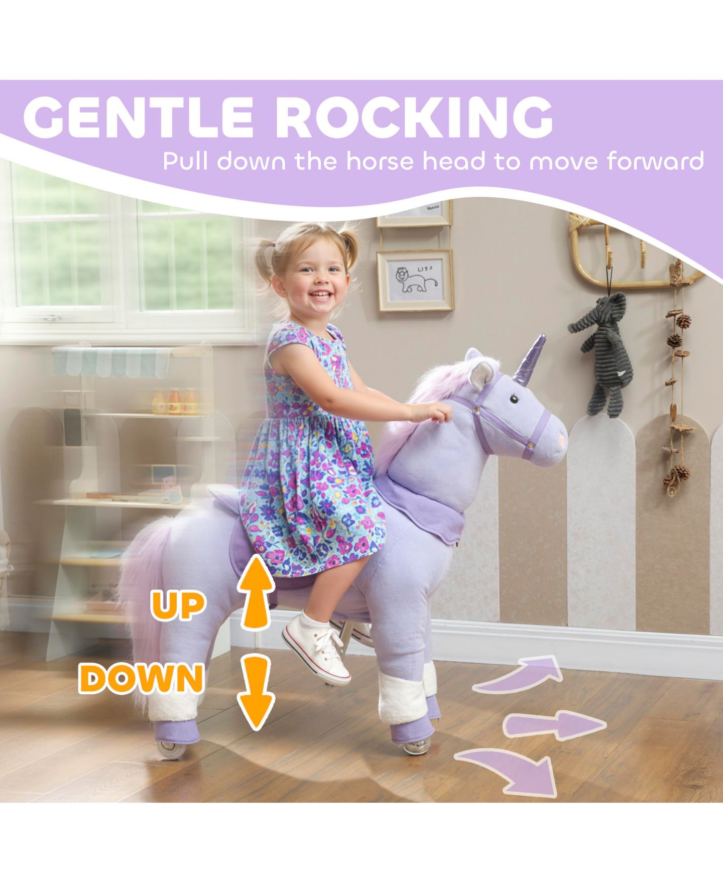 Детская мягкая игрушка Glintex Ride On Unicorn Toy for Kids 4-7, 37.8 in Plush Rocking Horse with Wheels and Pedal Drive, No Batteries Required, цвет: Фиолетовый — фото 6