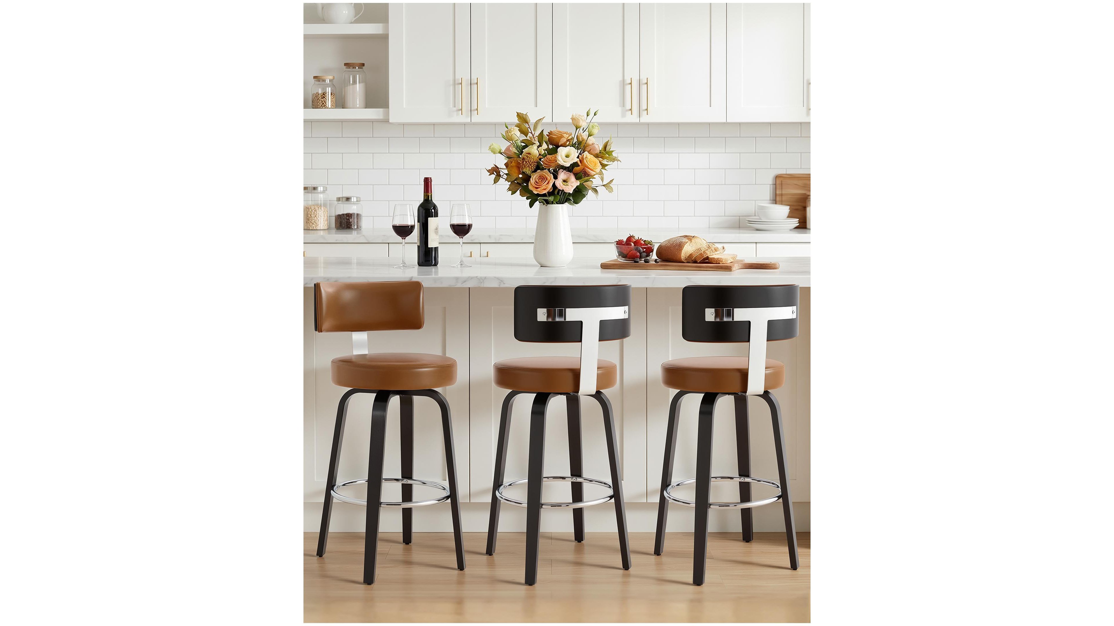 Bekrvio 26 Mid Century Swivel Bar Height Bar Stools Faux Leather Kitchen Stools