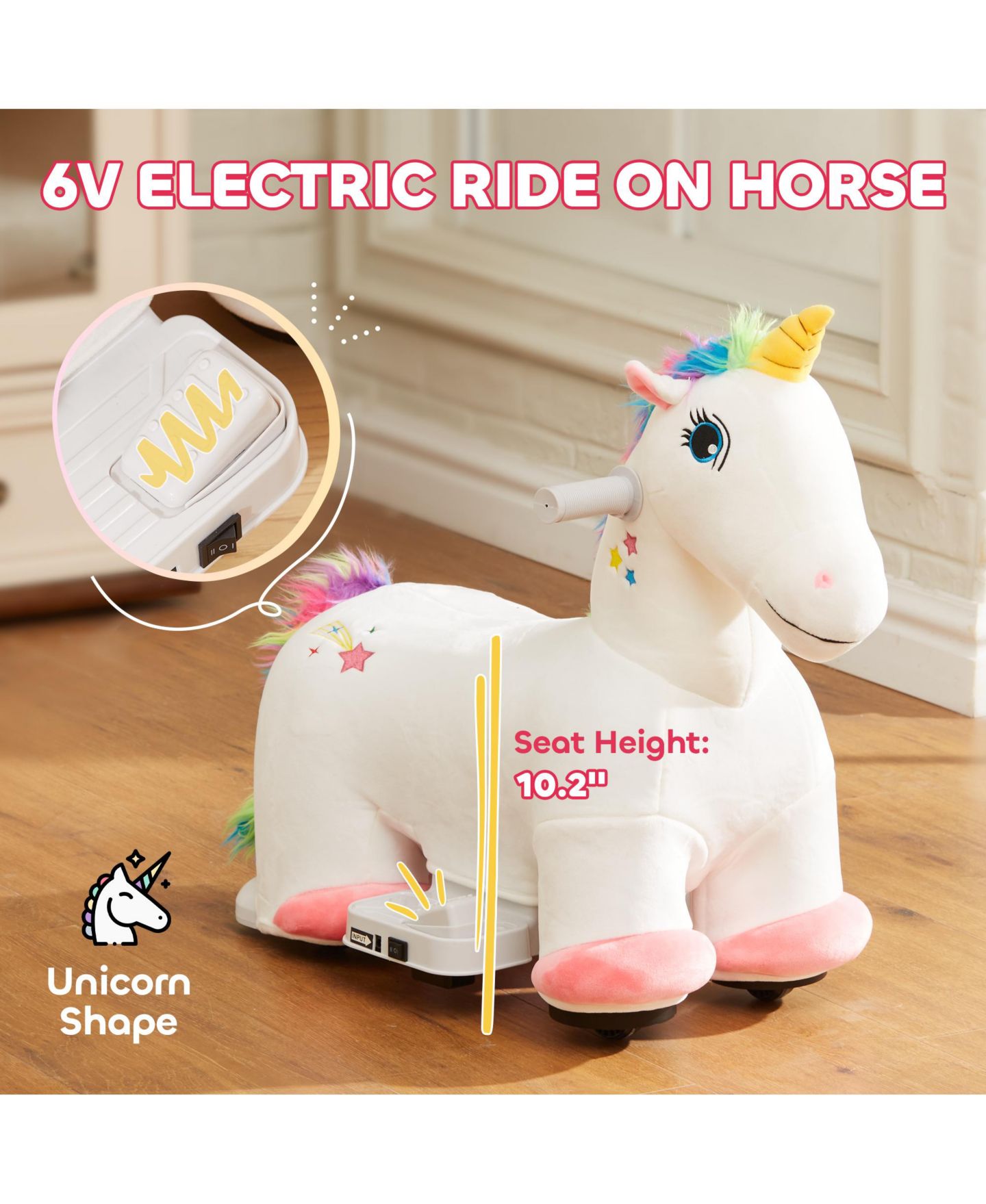 Детская мягкая игрушка Glintex 6V Plush Electric Ride-On Unicorn with Music, 55 lbs. Capacity, Ages 18-36 Months, цвет: Белый — фото 4