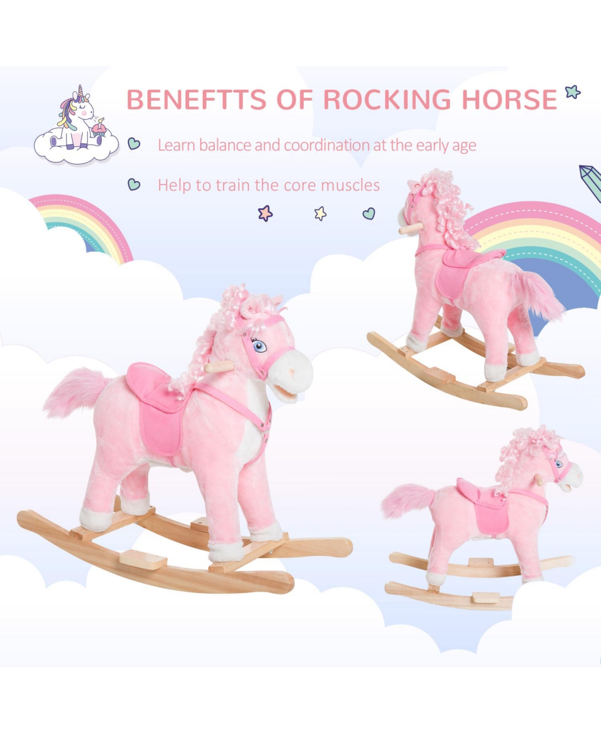 Glintex Kids Ride On Rocking Horse with Realistic Sounds and Swinging Tail, Plush Pony Rocker with Saddle and Footrest for Ages 3 and Up, Pink