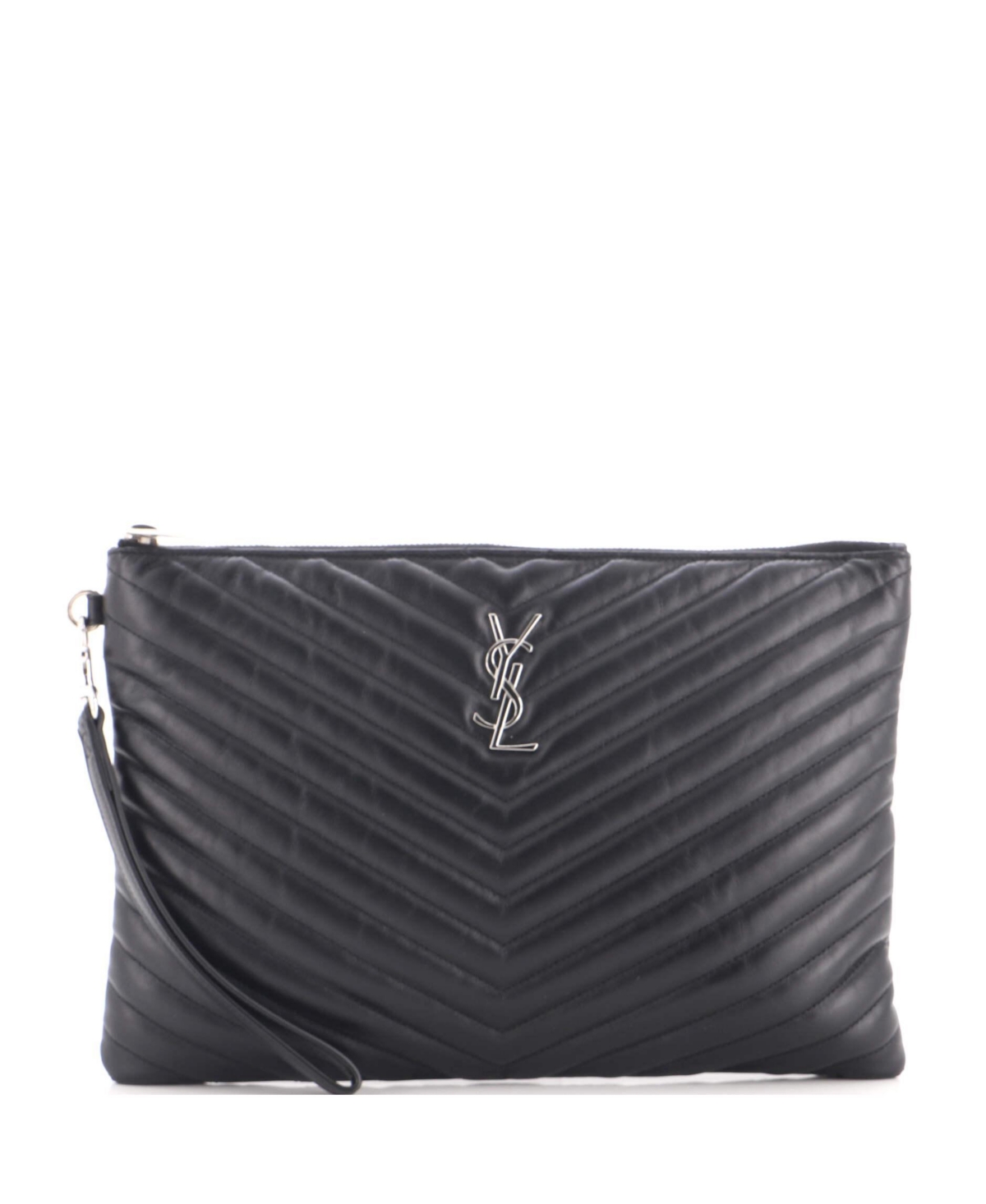Pre-Owned Saint Laurent Medium Classic Monogram Wristlet Pouch Matelasse Chevron Leather - Black