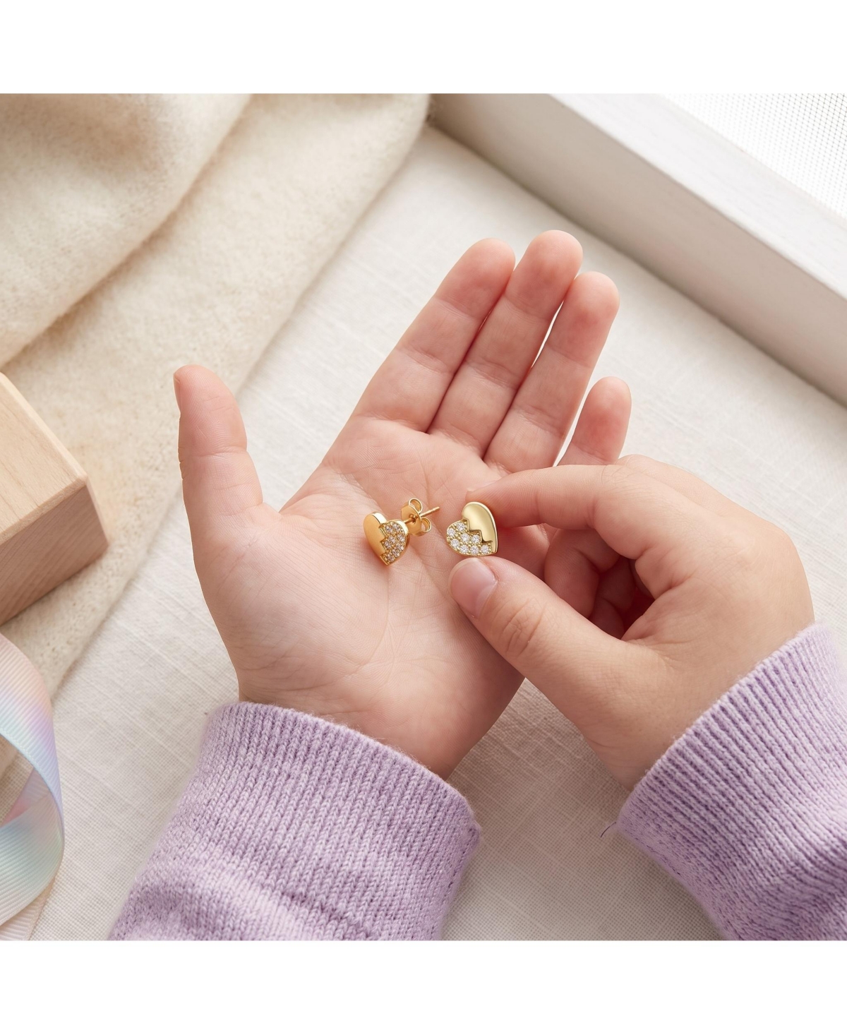 Sterling Silver 14K Gold Plated Clear Cubic Zirconia Heart Stud Butterfly Earrings For Kids