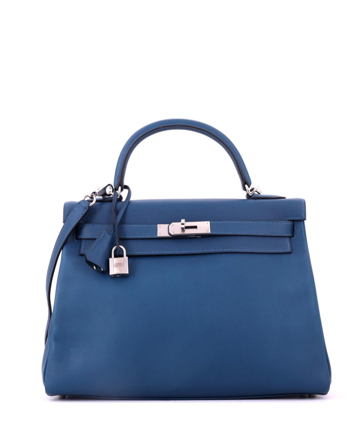 Pre-Owned Hermes Kelly 32 Leather Shoulder Bag with Palladium Hardware, Very Good Condition, 12"W x 9"H x 4"D