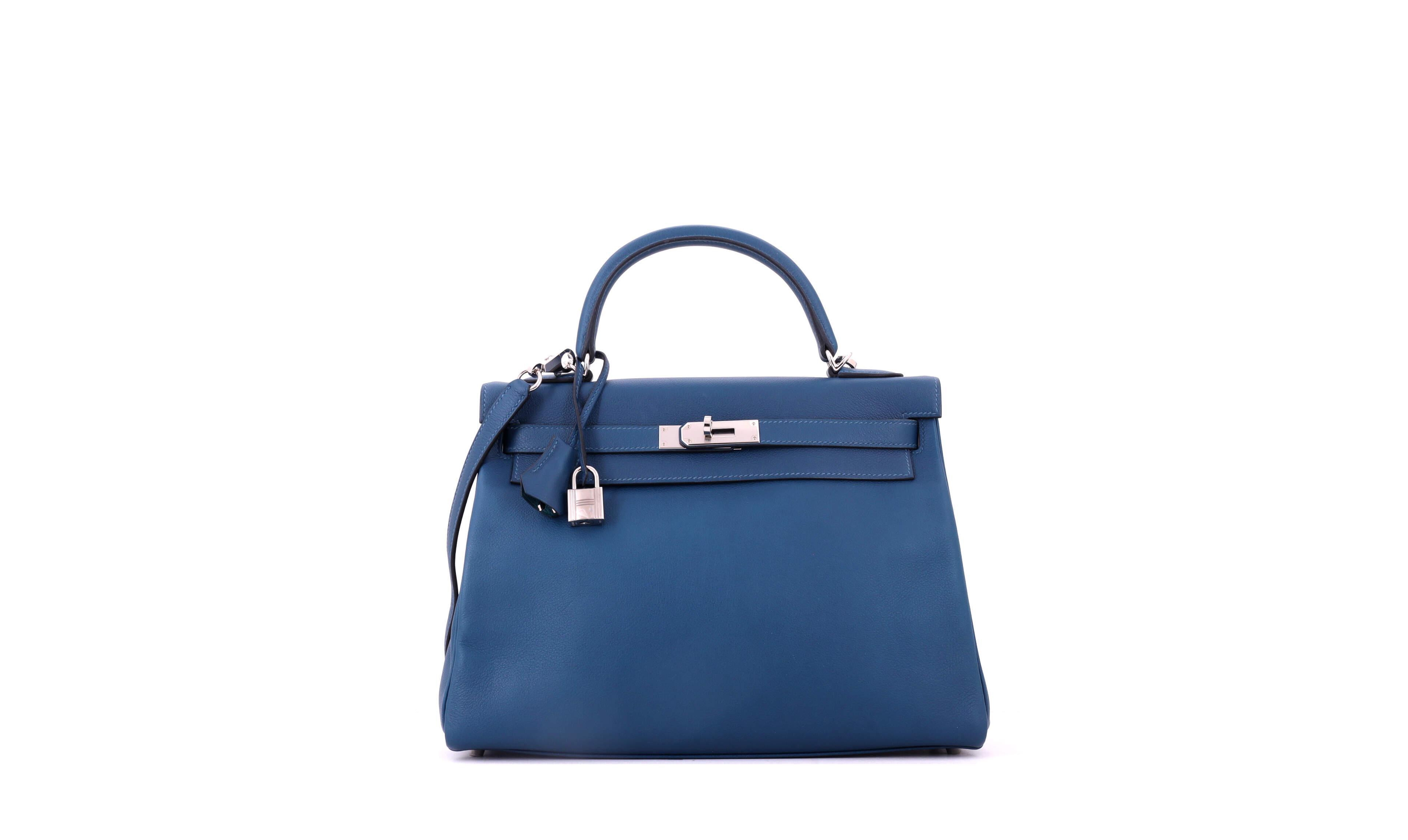 Pre-Owned Hermes Kelly 32 Leather Shoulder Bag with Palladium Hardware, Very Good Condition, 12"W x 9"H x 4"D