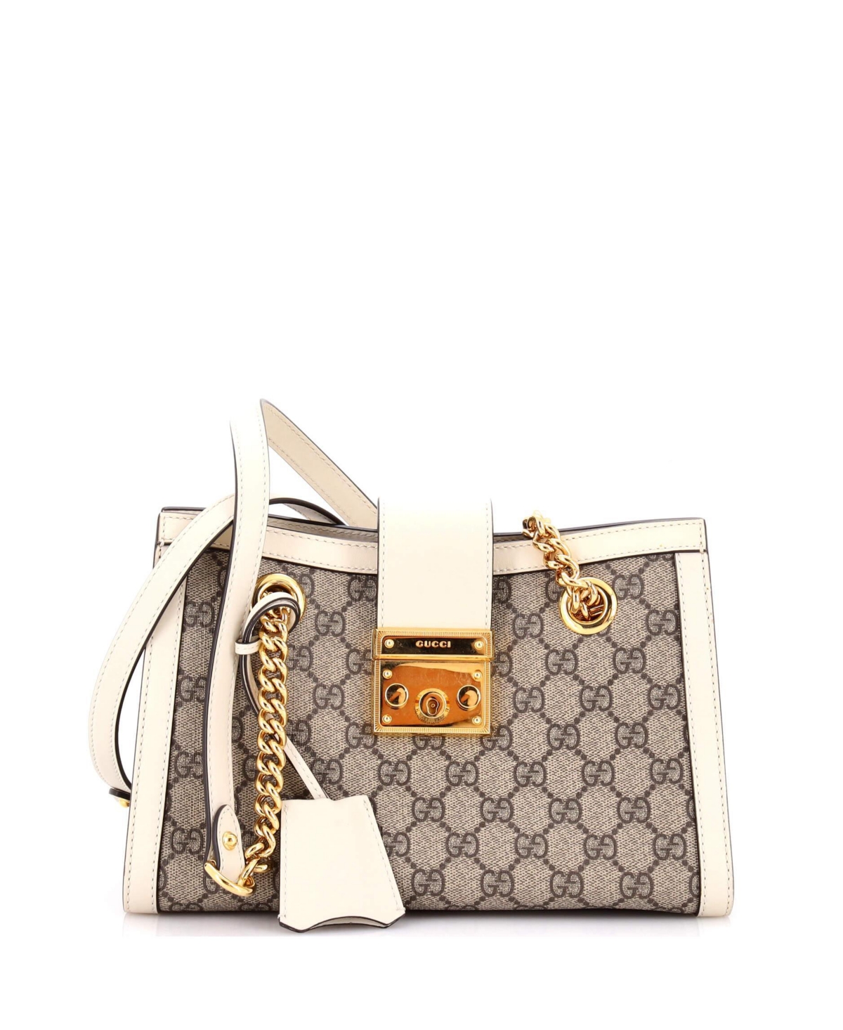 Pre-Owned Gucci Small Padlock Chain Tote Gg Coated Canvas with Leather - Natural