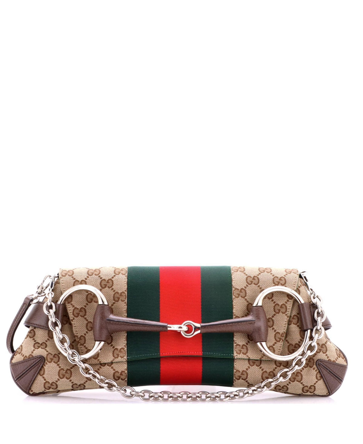 Pre-Owned Gucci Medium Horsebit Nm Web Chain Clutch Gg Canvas - Brown