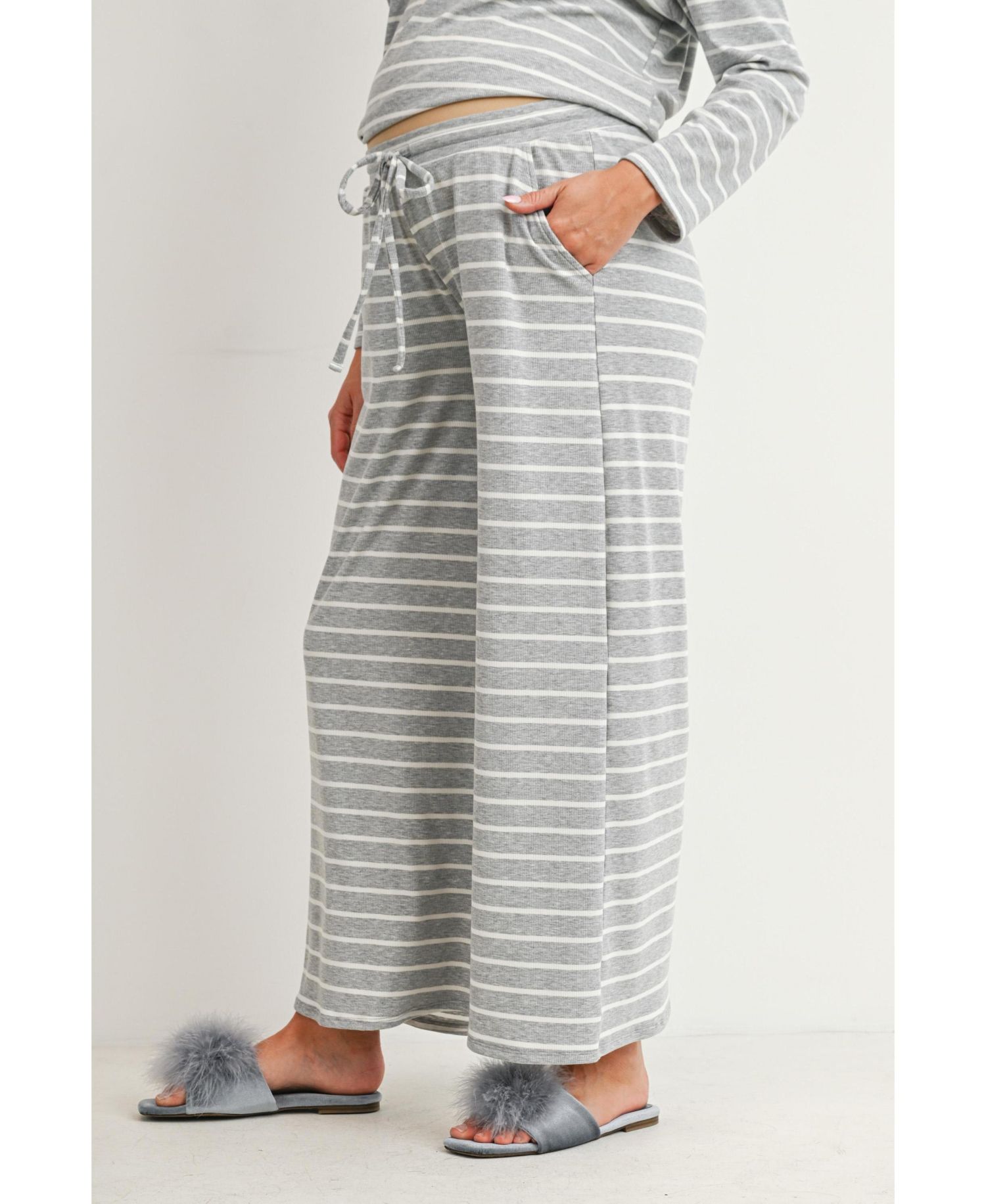 Maternity Striped Long-Sleeve Wide-Leg Top and Pants, 2-Piece Set