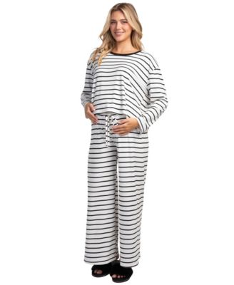 Maternity Striped Long-Sleeve Wide-Leg Top and Pants, 2-Piece Set