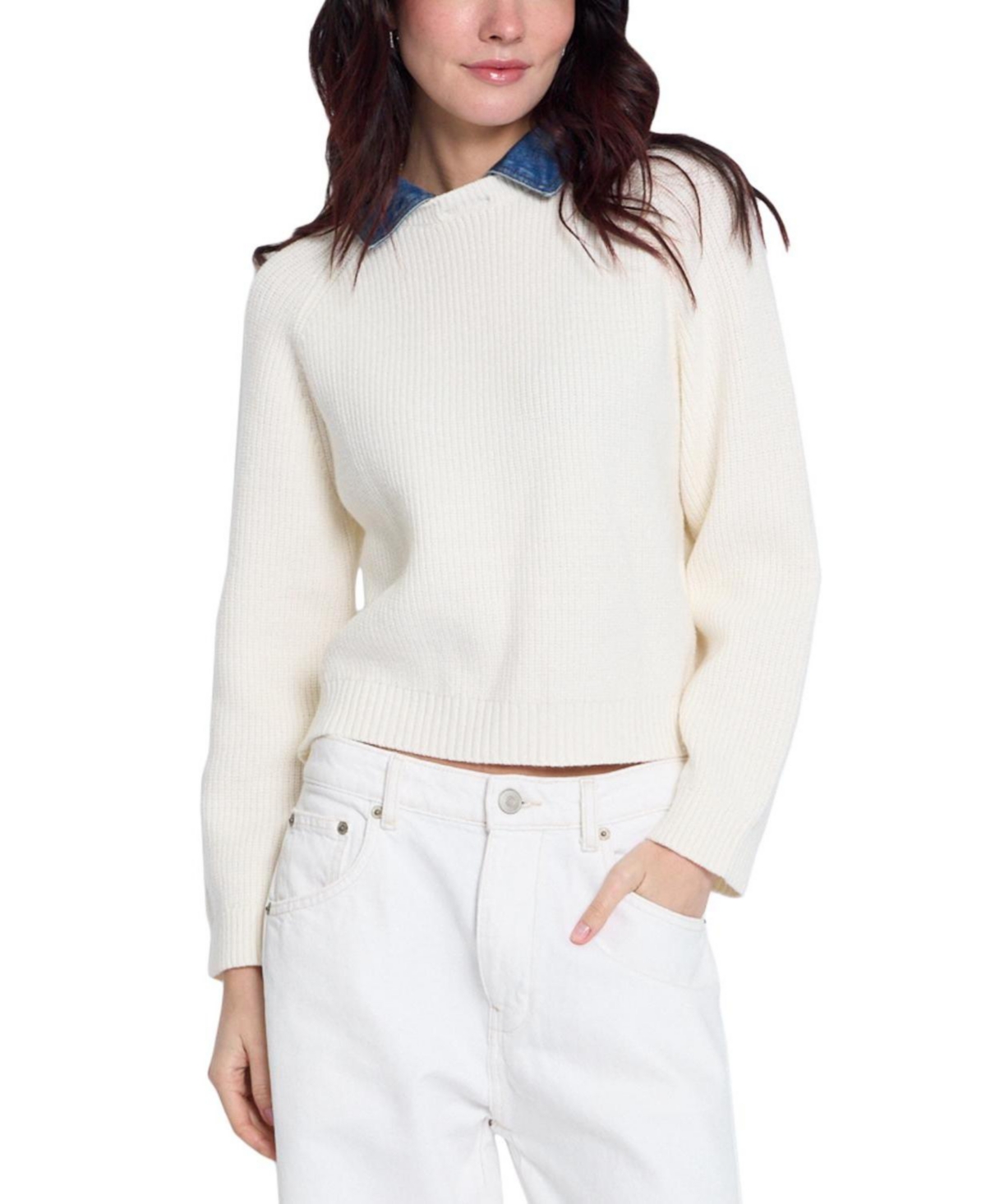Central Park West Women's Nash Ribbed-Knit Denim Long-Sleeve Sweater - Ivory white