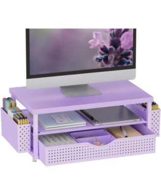 Monitor Stand With Sliding Drawer Dual Pen Holders Desk Organizer Riser