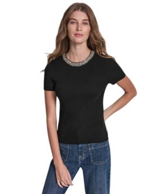 Petite Embellished Ribbed-Knit Short-Sleeve Crewneck Sweater