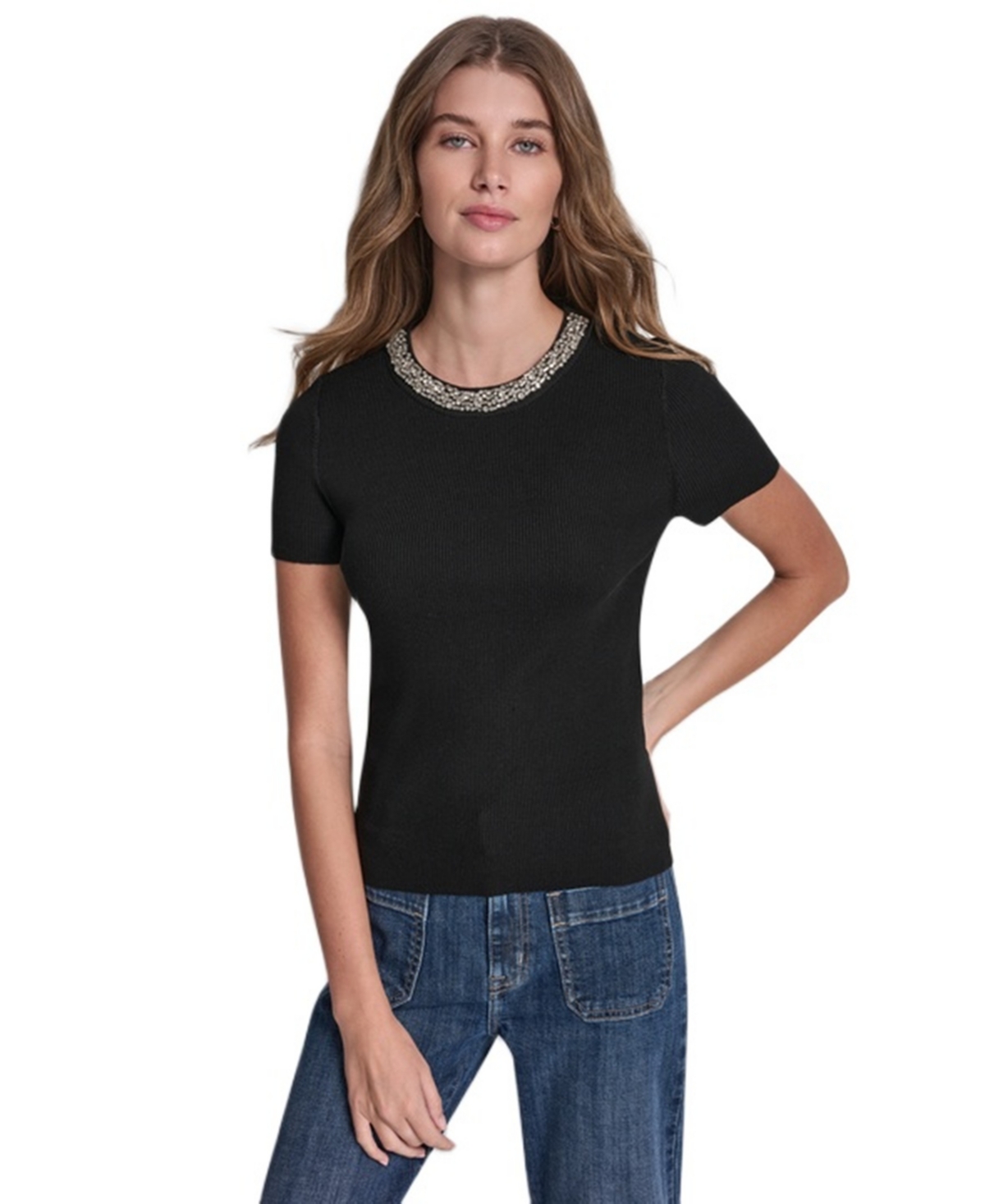 Dkny Jeans Petite Embellished Ribbed-Knit Short-Sleeve Crewneck Sweater - Black