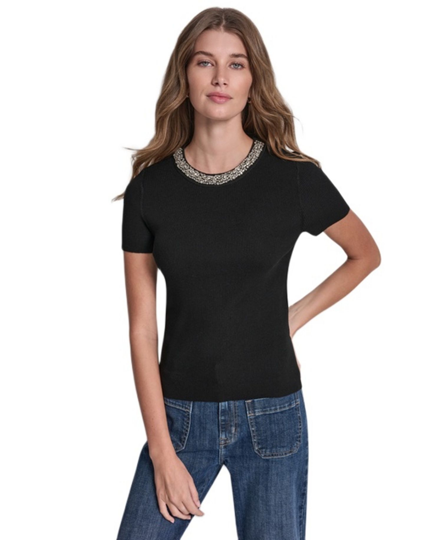 Petite Embellished Ribbed-Knit Short-Sleeve Crewneck Sweater