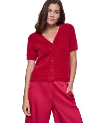Petite Short-Sleeve Brushed-Knit Fitted Cardigan