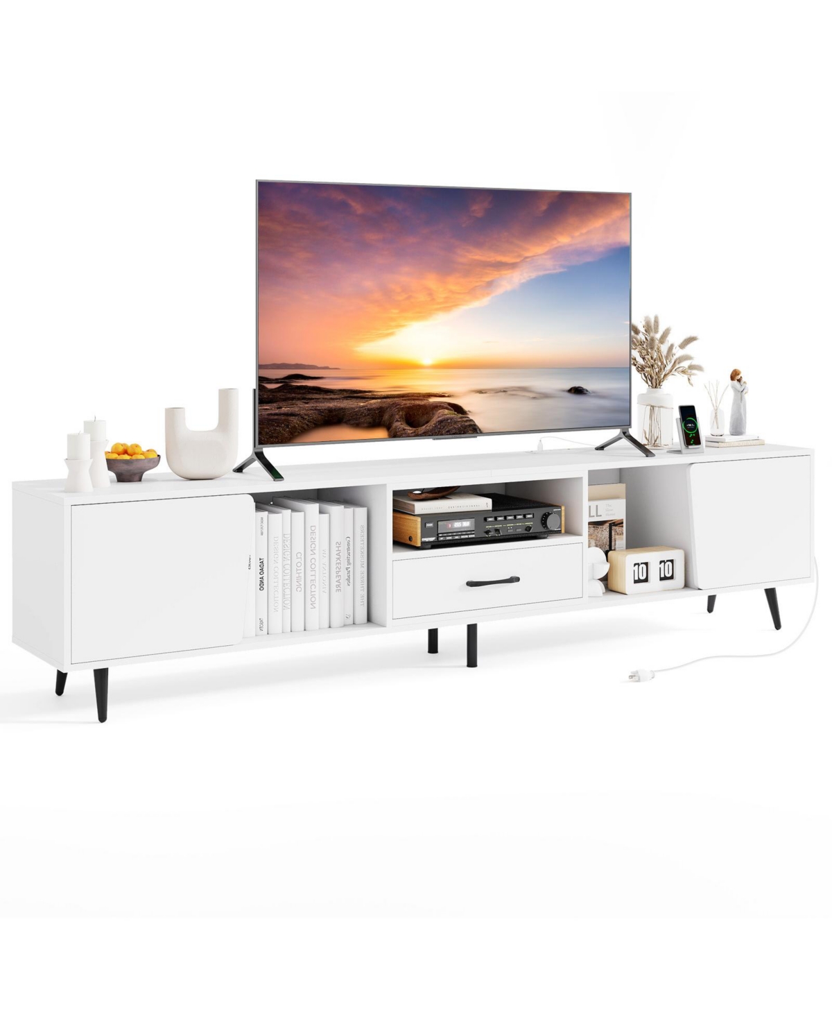 Mecale 79" Tv Stand for Tvs up to 90 in Entertainment Center Wood Media Console Table Modern Mid-Century TV Cabinet - White