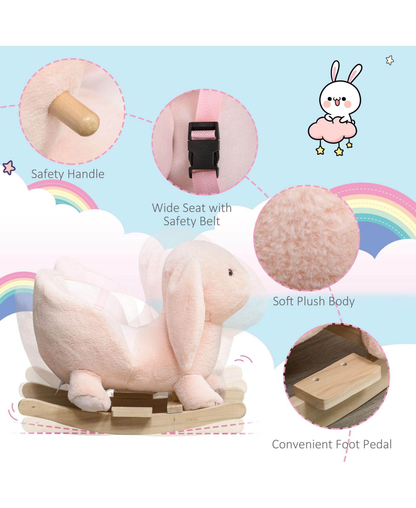 Детская мягкая игрушка Glintex Rocking Rabbit Plush Ride-On Rocker with Realistic Sound, 88-lb Capacity, Ages 18-36 Months, цвет: Розовый — фото 6