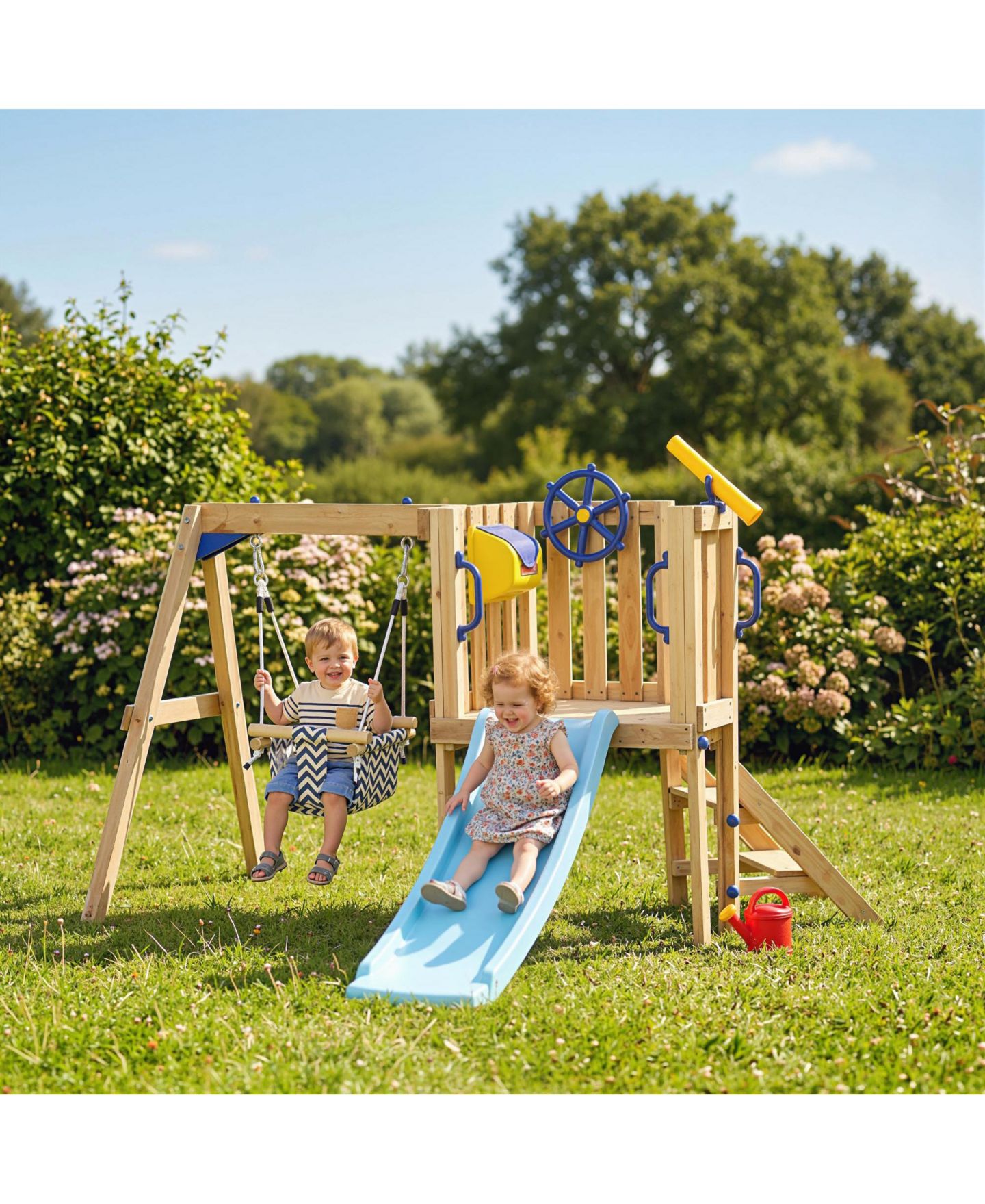 Детские игрушки Glintex Wooden Swing Set with Slide, Fort, Captain's Wheel and Telescope, 220 lbs, Ages 1.5-4, цвет: Натуральный — фото 4