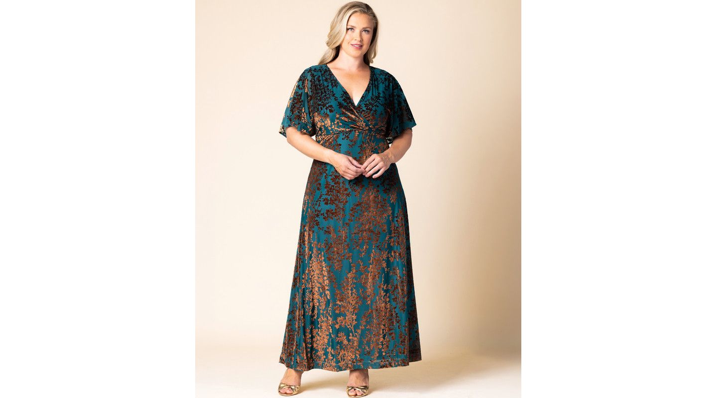 Женские платья Kiyonna Plus Size Twilight Velvet Surplice V-Neck Empire-Waist Gown, цвет: Бирюзовый — фото 3