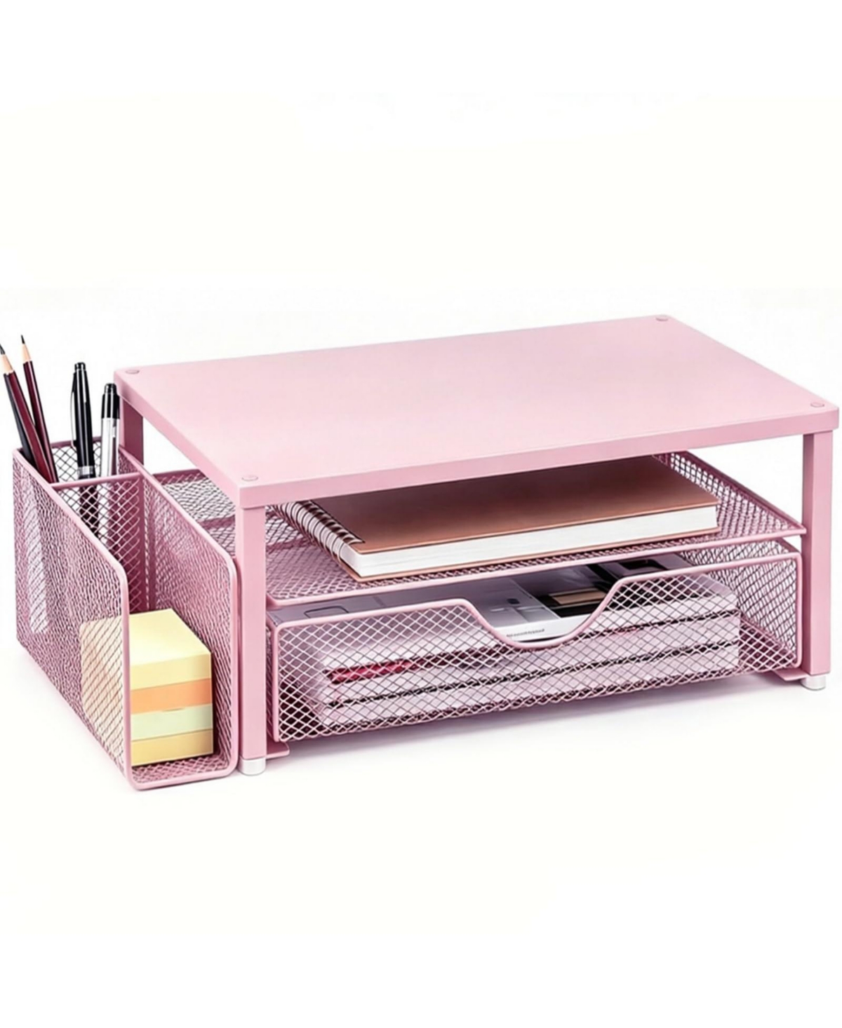 Four Candies Monitor Riser Desk Organizer With Drawer Pen Holders Office Storage - Pink metal