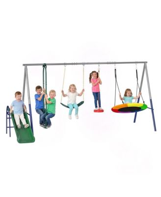 5-in-1 Kids Swing Set with Slide, Nest Swing, Belt Swing, Glider, Standing Swing, Steel A-Frame, 771 lbs Capacity, Ages 3–8