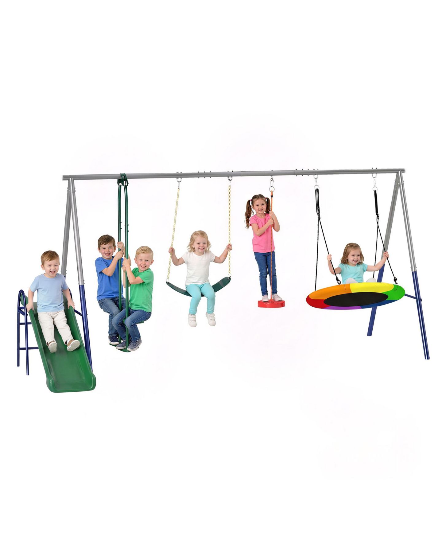 Детские игрушки Glintex 5-in-1 Kids Swing Set with Slide, Nest Swing, Belt Swing, Glider, Standing Swing, Steel A-Frame, 771 lbs Capacity, Ages 3–8, цвет: Разноцветный — фото 1