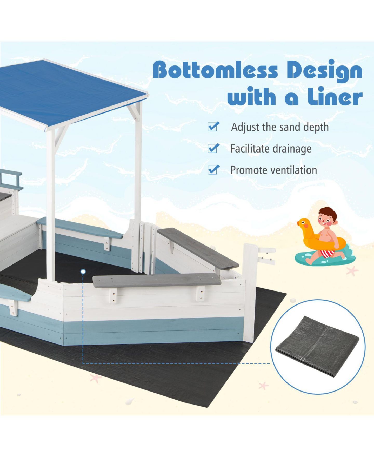 Детская игрушка Glintex Pirate Ship Sand Pit With Canopy & Bench Seats, 86"L x 43"W x 64"H Fir Wood, 440 lb Sand, Ages 3-8, цвет: Белый — фото 7