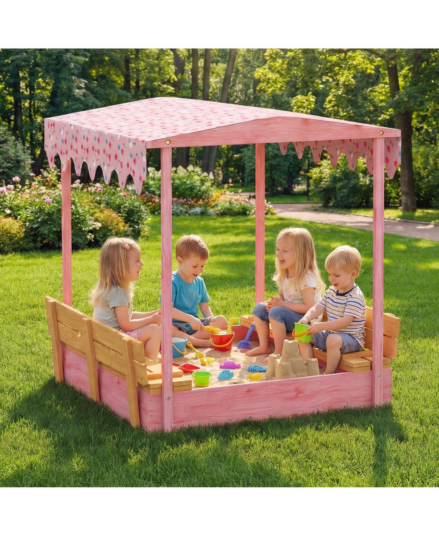 Детская игрушка Glintex Wooden Kids Sandbox with Flamingo Print Canopy and Fold-Down Bench Cover, 53"L x 50.2"W x 51.2"H, Ages 3-6, цвет: Розовый — фото 8