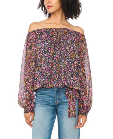 Женская блузка Sam & Jess Off-the-Shoulder Balloon-Sleeve Tie-Front, цвет: Тёмно-синий