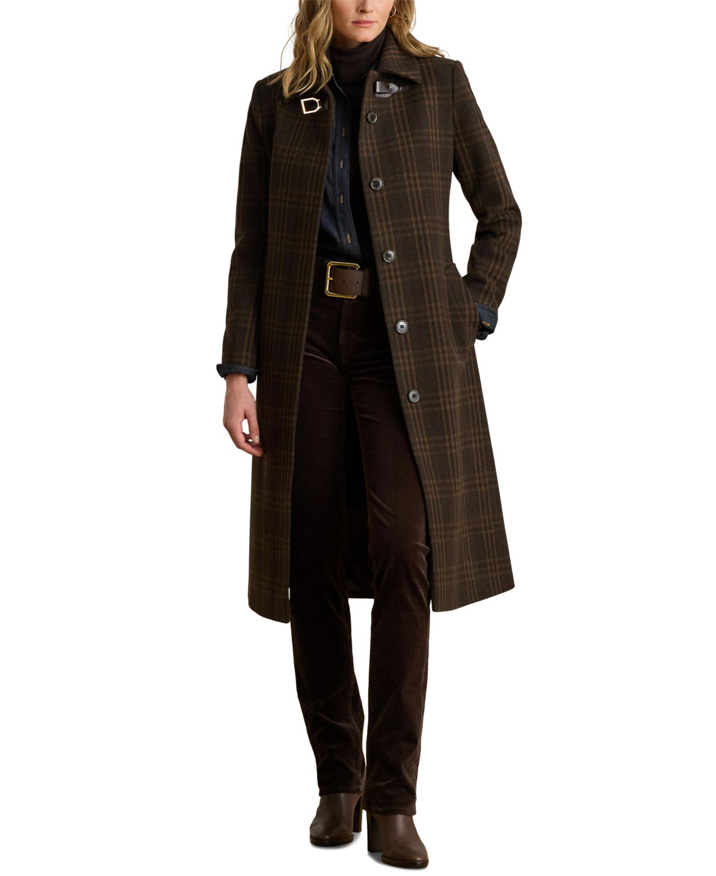Женское пальто Lauren Ralph Lauren Plaid Wool-Blend Belted, цвет: Коричневый клетчатый — фото 1
