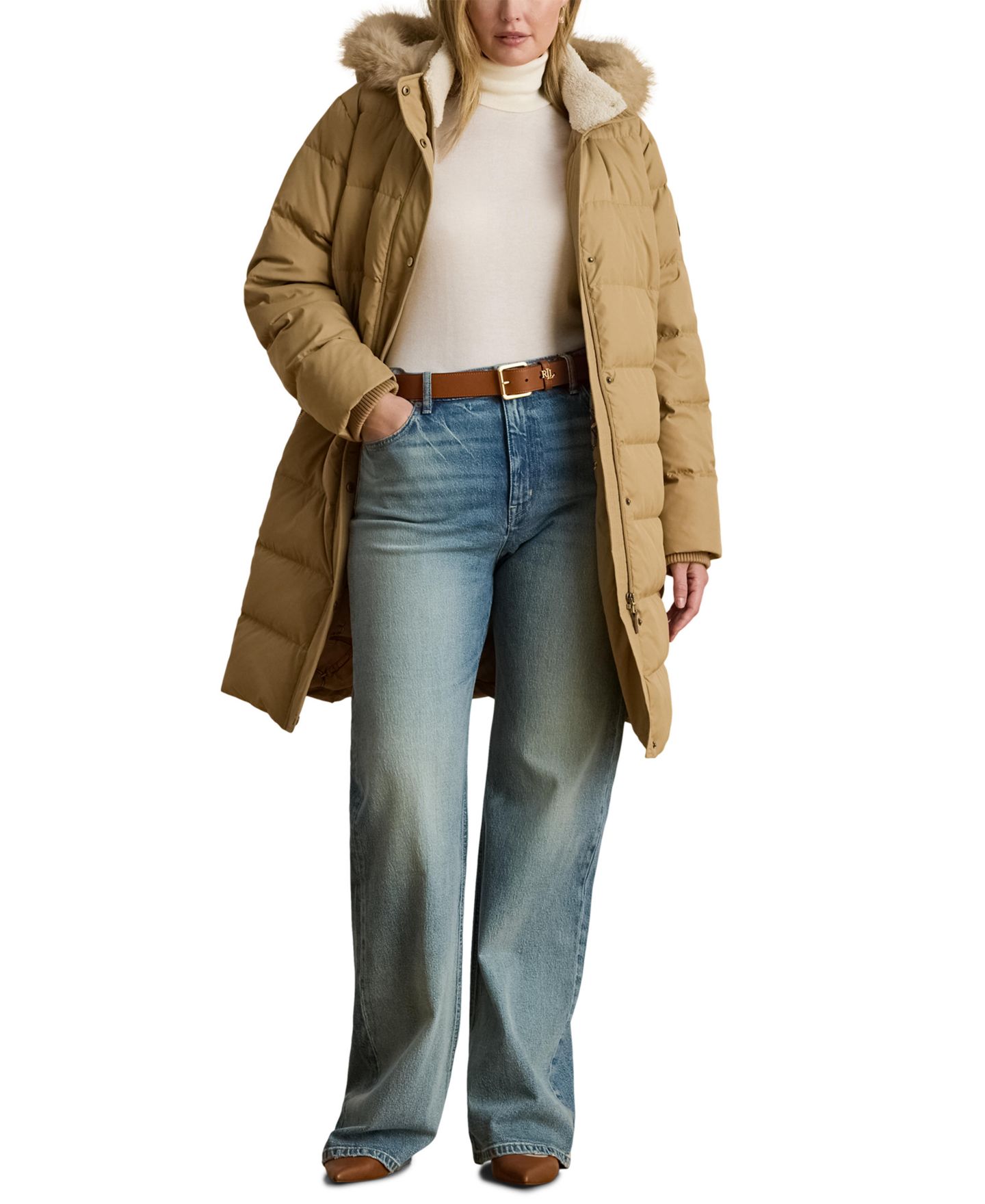 Женская куртка Lauren Ralph Lauren Plus Size Down Hooded Channel-Quilted Puffer, цвет: Верблюжий — фото 2
